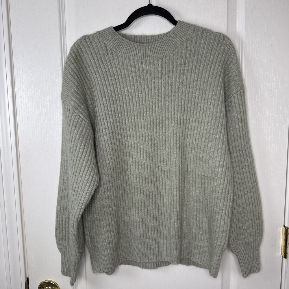 H&M Womens Sage Green Rib Knit Mock Neck Sweater M Relaxed Pullover Minimalist